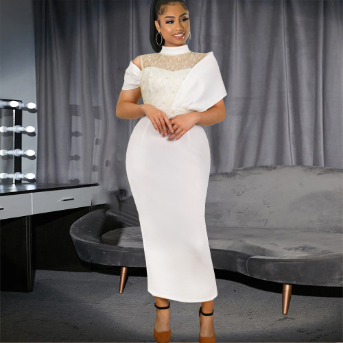 Temperament small stand collar dress, careful machine, birthday party, lace splicing one-step dress