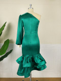 Multicolor optional one shoulder sloping neck dress banquet bag hip skirt