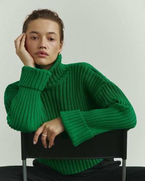 High Collar Woolen Sleeves Clean Color Short Sweater