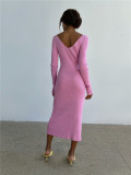Sexy Long Sleeve Long Split Strap Backless Sweater Dress