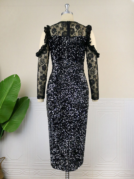 Off shoulder sequin dress with lady style lace panel sexy hip wrap dress