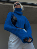 High Collar Woolen Sleeves Clean Color Short Sweater