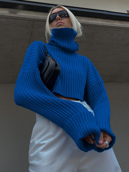 High Collar Woolen Sleeves Clean Color Short Sweater