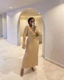 Knitted dress, casual waist, V-neck, big hole, thin knit dress