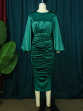 Lantern Sleeves Pleated Dress Ladies Fashion Comfortable Banquet Evening Dress