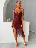 Sexy dress V-neck tassel suspender skirt high-end slim mid length skirt