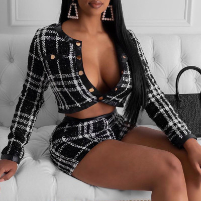 Fashion striped plaid two-piece sexy open navel jacket buttocks shorts set
