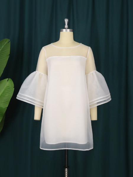 Women's Sweet Mesh Dress Pure White Perspective Flare Sleeve Skirt