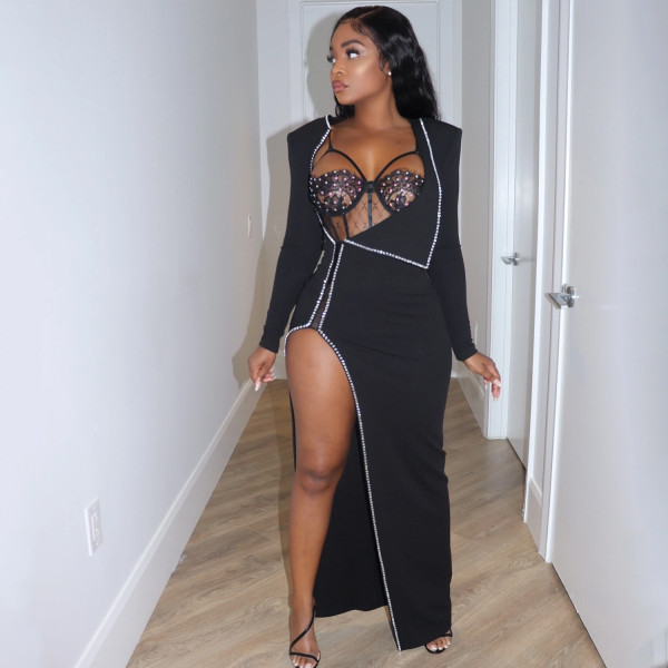 Women's fashion sexy nightclub celebrity irregular long sleeve dress