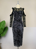 Off shoulder sequin dress with lady style lace panel sexy hip wrap dress
