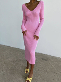 Sexy Long Sleeve Long Split Strap Backless Sweater Dress