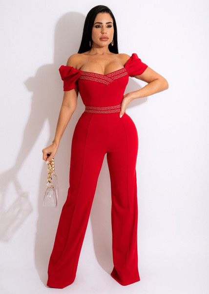 Straight neck strapless bubble sleeve open line decorative jumpsuit