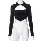 Long sleeve hollow wrap chest sharp corner short hot girl fashion T-shirt