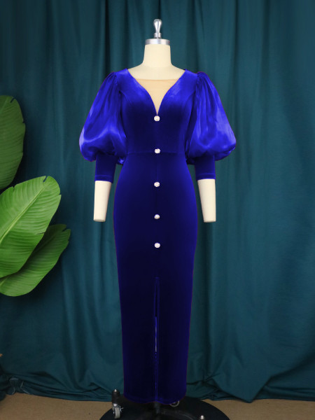 Lantern sleeve slit dress light mature style V-neck dress