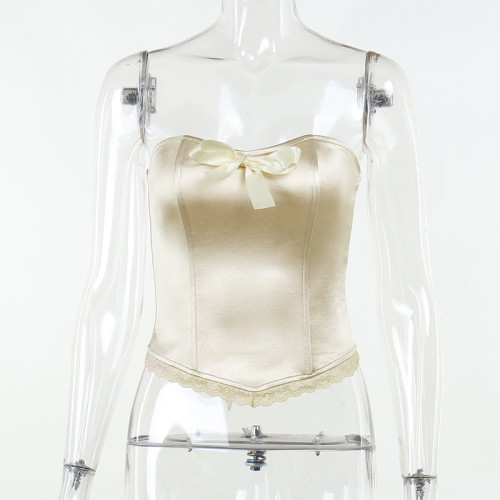 Fashion slim sexy bow lace strapless fishbone tunic top