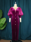 Lantern sleeve slit dress light mature style V-neck dress