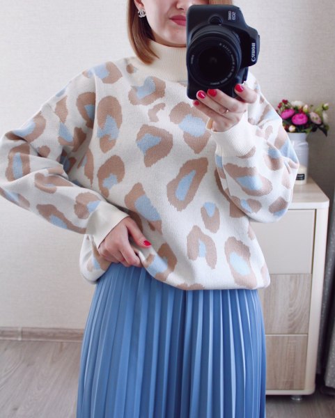 Half high neck leopard print autumn and winter sweater women's long sleeve temperament knitting top