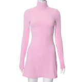 Clean color long sleeve half high neck slim wrap hip temperament dress