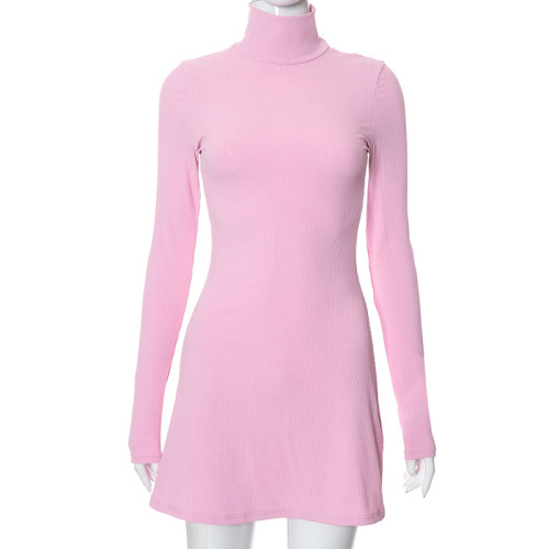 Clean color long sleeve half high neck slim wrap hip temperament dress