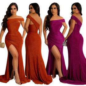 Women's sloping shoulder, straight neck, silk, bright surface, floor length dress, split evening dress, long skirt