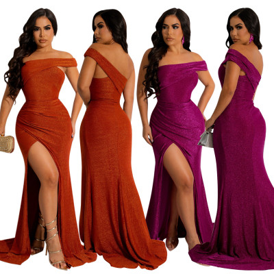 Women's sloping shoulder, straight neck, silk, bright surface, floor length dress, split evening dress, long skirt