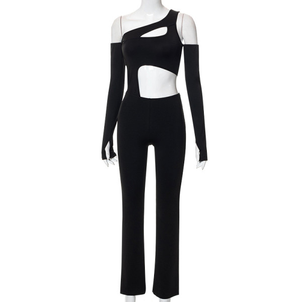 Off shoulder long sleeve hollow slim hip sexy jumpsuit
