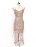 Sexy dress V-neck tassel suspender skirt high-end slim mid length skirt