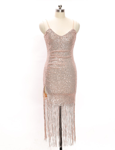Sexy dress V-neck tassel suspender skirt high-end slim mid length skirt