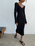 Sexy Long Sleeve Long Split Strap Backless Sweater Dress