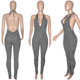 Women's thousand bird print tight mid waist jumpsuit trousers temperament commuter casual pants