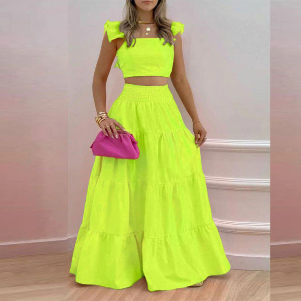 Temperament Women's solid color mid waist trendy sexy suspender skirt two-piece suit