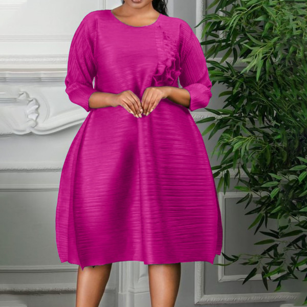 Oversize Women's Autumn and Winter New Round Neck Solid Pleated Loose Dress