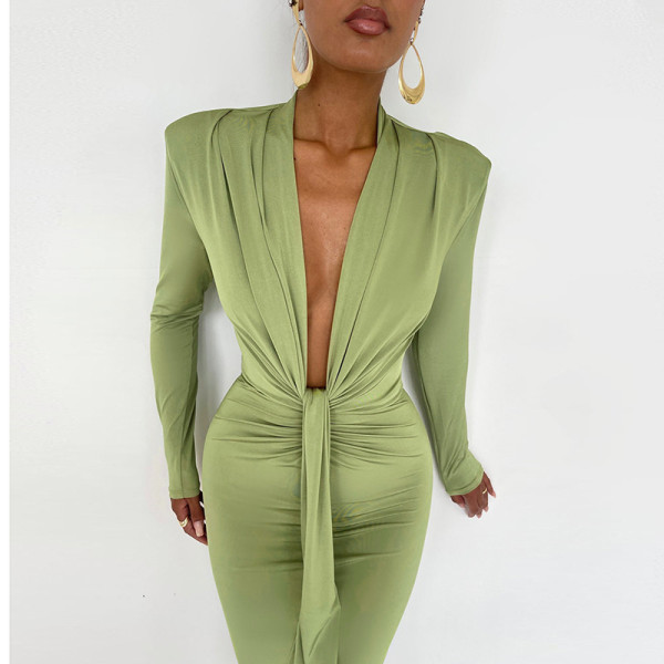 Knitted V-neck Pleated Shoulder Pad Split Long Dress Sexy Commuter Dress