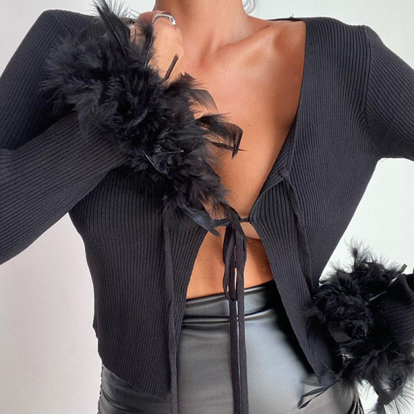 Knitted strap V-neck cardigan with exposed navel long sleeve T-shirt Women's sexy slim top