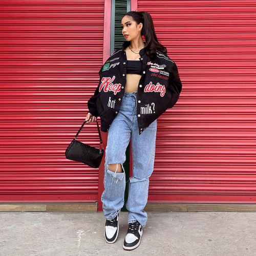 Letter printed single breasted loose top coat Autumn women's fashionable work clothes Long sleeved baseball uniform
