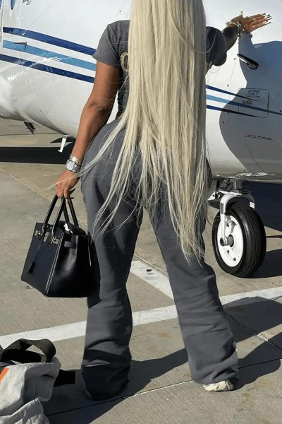 High waist drawstring printed grey sweatpants