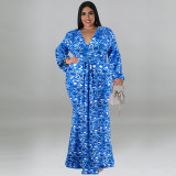 Oversized women's long sleeved fishtail skirt hip print fashion dress