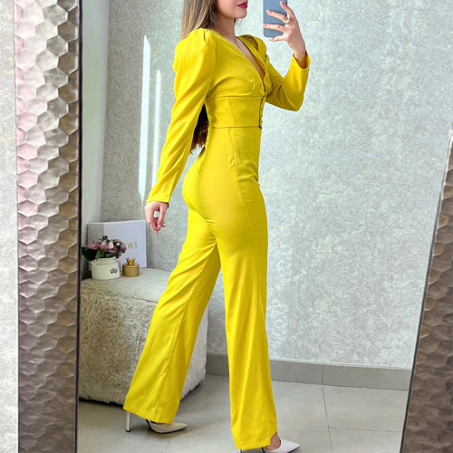 Temperament V-neck long sleeve shirt high waist slim straight trousers two-piece set