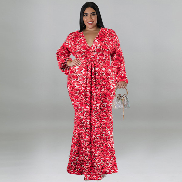 Oversized women's long sleeved fishtail skirt hip print fashion dress