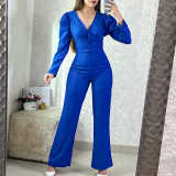 Temperament V-neck long sleeve shirt high waist slim straight trousers two-piece set