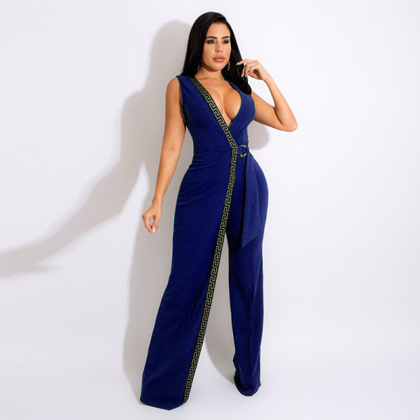 Deep v slim fitting jumpsuit simple fashion trousers with belt