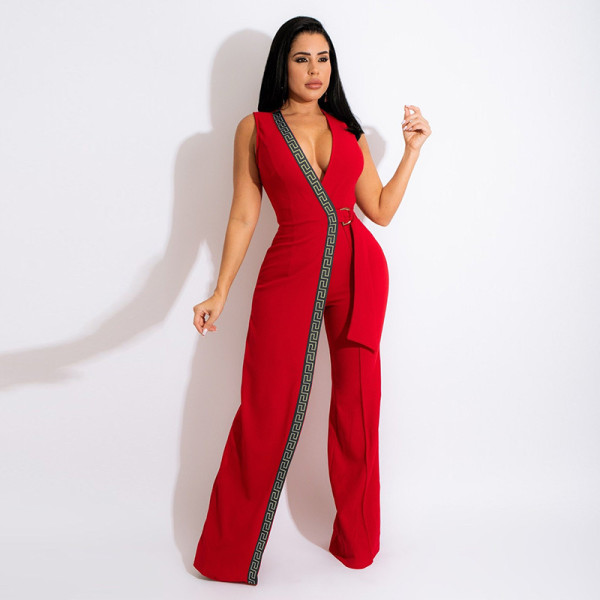 Deep v slim fitting jumpsuit simple fashion trousers with belt