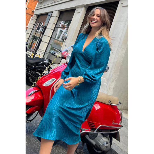 V-Neck Long Sleeve High Waist One Step Dress Mid length Dress