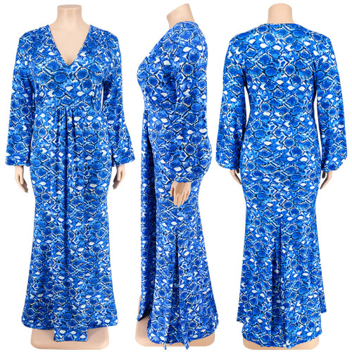 Oversized women's long sleeved fishtail skirt hip print fashion dress