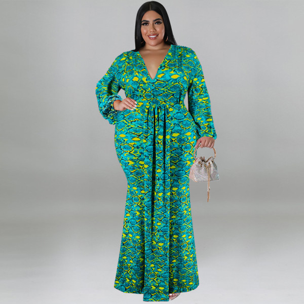 Oversized women's long sleeved fishtail skirt hip print fashion dress