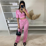 Temperament pit V-neck short shirt high waist straight trousers casual suit