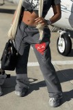 High waist drawstring printed grey sweatpants