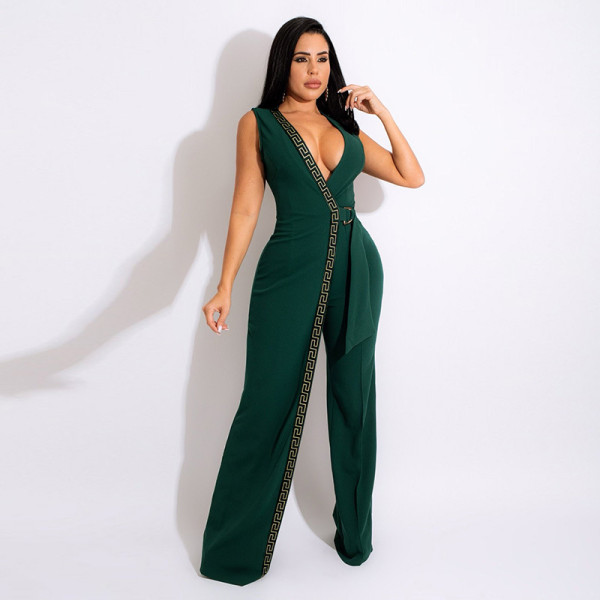 Deep v slim fitting jumpsuit simple fashion trousers with belt