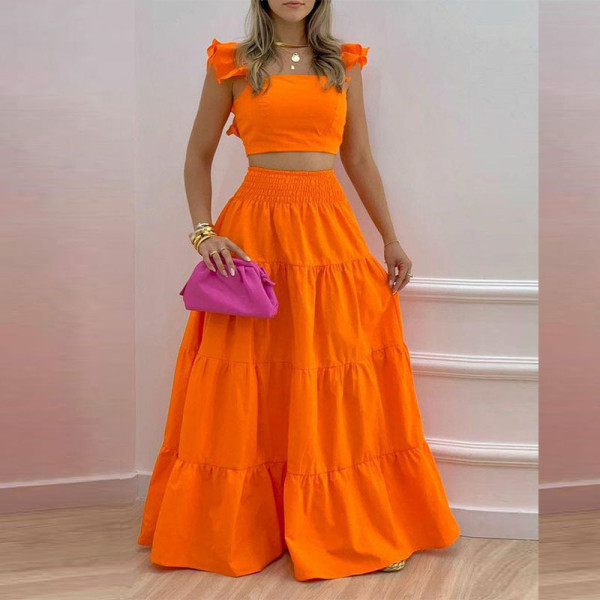 Temperament Women's solid color mid waist trendy sexy suspender skirt two-piece suit