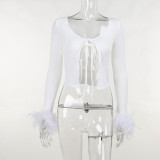 Knitted strap V-neck cardigan with exposed navel long sleeve T-shirt Women's sexy slim top